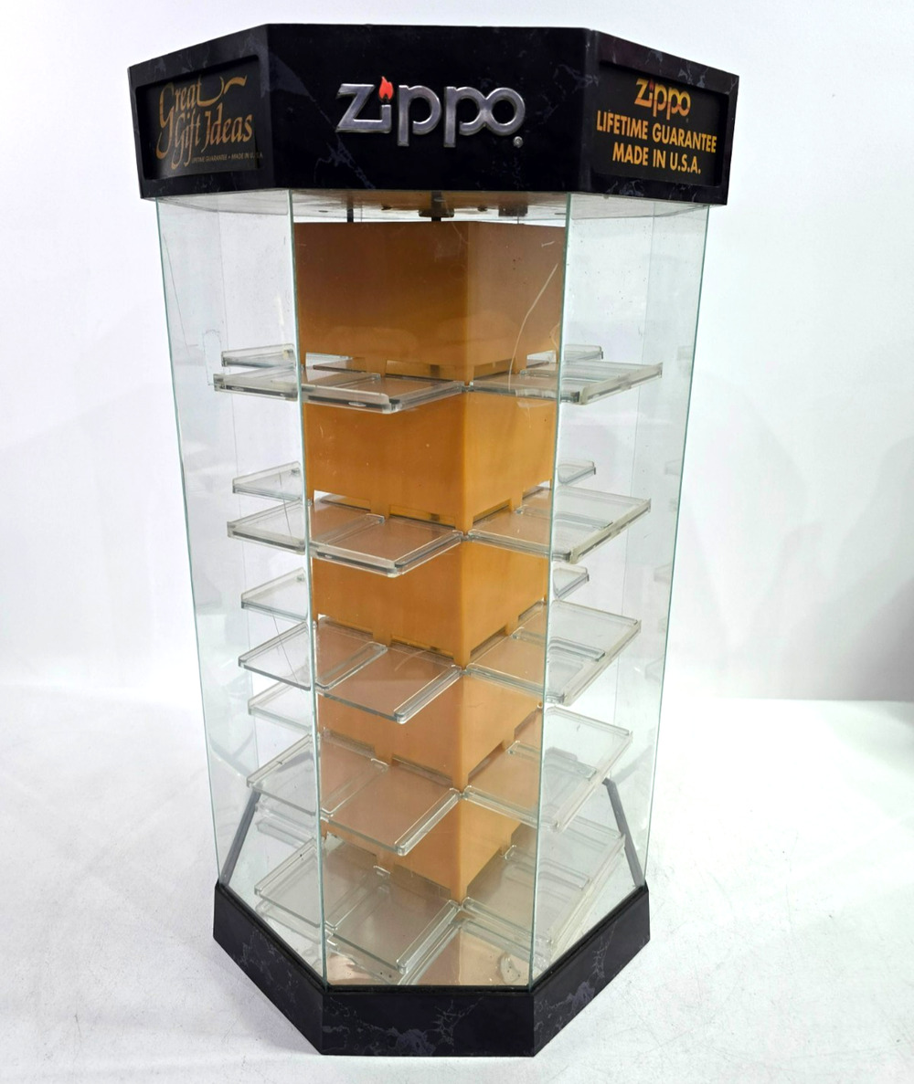 Vintage Zippo Lighter Hexagon Lighted Rotating Countertop Display Case WORKS
